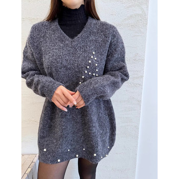 Retro v-neck beaded embellished soft waxy knitted sweater