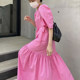 Korean chic summer temperament rose red white round neck solid color loose puff sleeves hem lotus leaf dress female