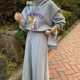 Liangliangjia Age Reduction Cartoon Printed Velvet Hooded Sweater + High Waist Slim Large Swing Skirt Two-piece Women