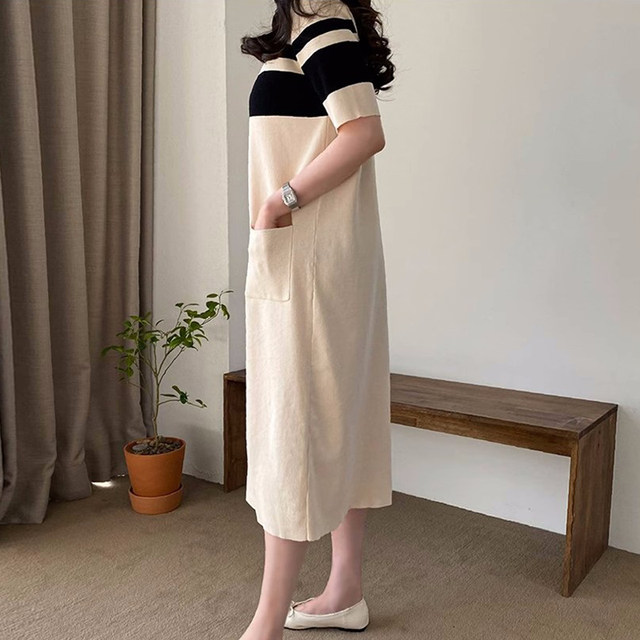 Korean chic summer French retro round neck color matching design loose casual short-sleeved knitted dress long skirt for women