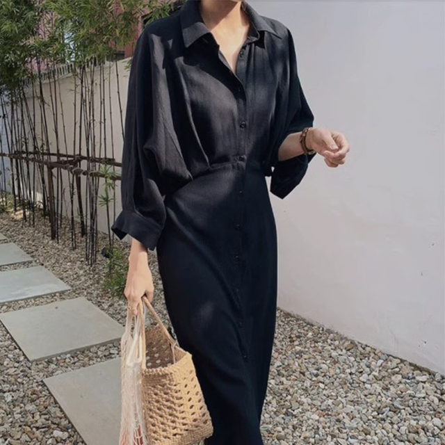 Korean chic spring French retro cotton and linen dress women's lace-up waist slimming knee-length shirt long skirt