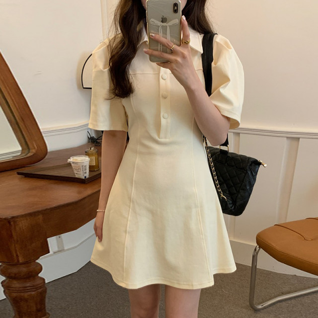 Korean chic summer French niche lapel waist slimming puff sleeves small A-line dress skirt female