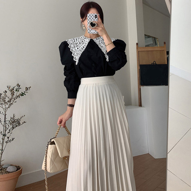 Korean chic light familiar style hollow hook flower puff sleeve shirt + high waist slim drape pleated skirt long skirt