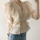 Korean chic French cross V-neck wrinkled design waist and thin double-layer ruffled puff sleeve shirt women