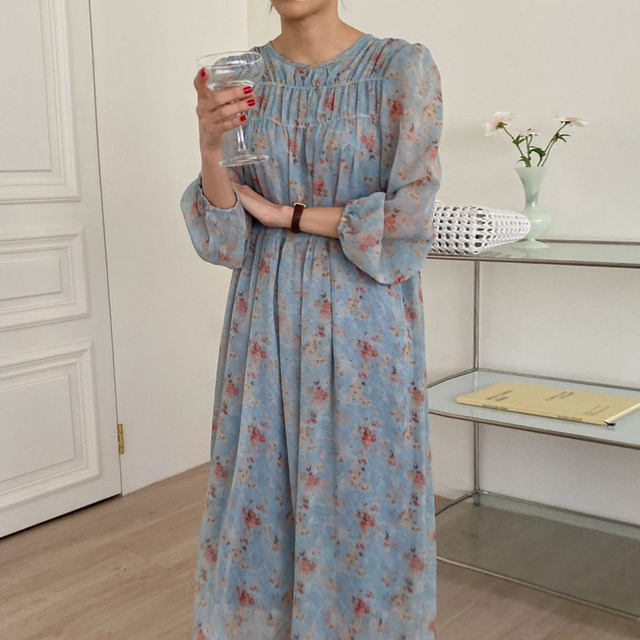 Korean chic autumn French gentle round neck pleated design loose casual long-sleeved floral chiffon dress