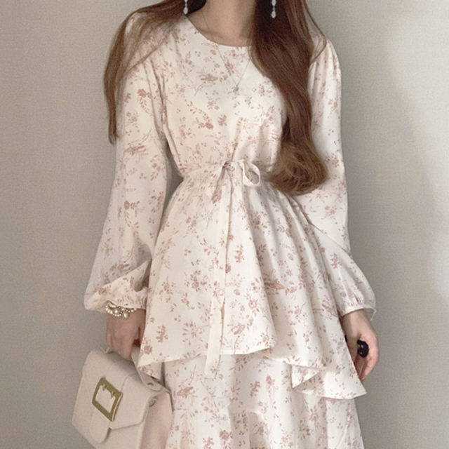 Korean chic spring French romantic small floral round neck tie waist layer cake dress long skirt female