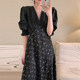 Korean chic summer retro temperament V-neck pleated waist thin stitching floral chiffon puff sleeve dress