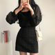 Liangliangjia retro temperament square collar stitching puff sleeve tweed shirt + high waist bag hip skirt suit women