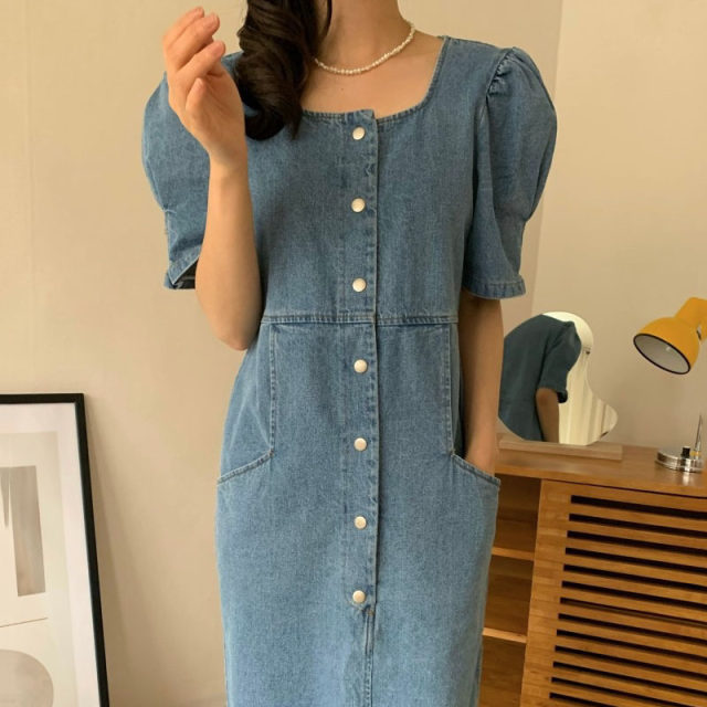 Korean chic spring retro slim square collar single-breasted loose double-pocket puff sleeve denim dress women