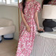 Korean chic summer retro elegant round neck pleated waist long loose flying sleeve ink print dress