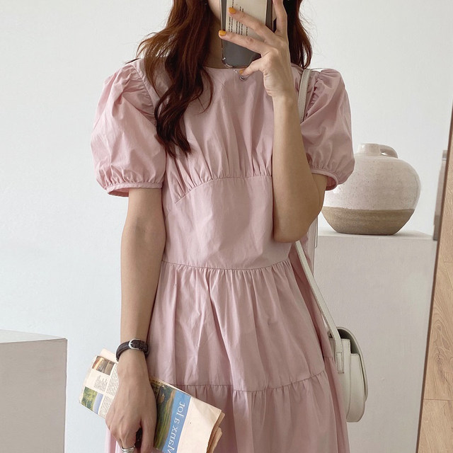 Korean chic summer French gentle round neck pleated high waist slim puff sleeve bellflower dress long skirt female