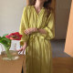 Korean chic temperament simple V-neck green skin single-breasted tie waist puff sleeve dress long skirt women