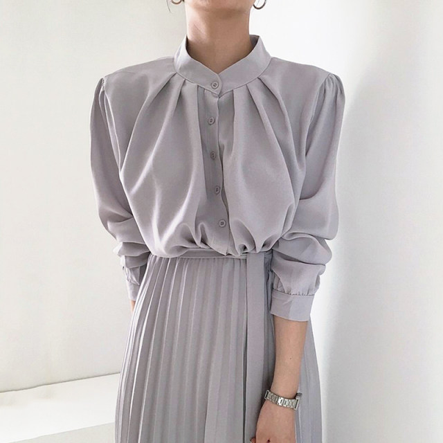 Korean chic minimalist temperament stand-up collar single-breasted button slim waist long section knee-length pleated dress women