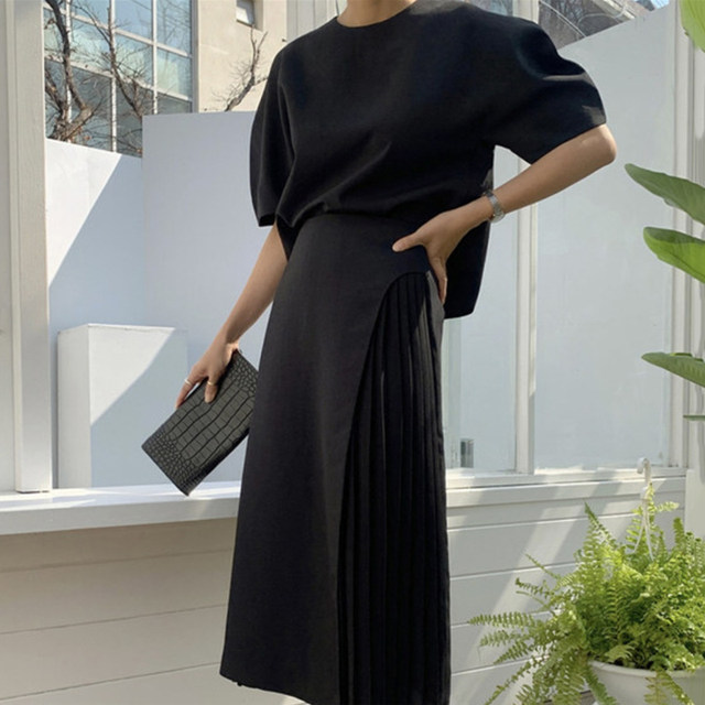 Korean chic French elegant round neck five-point puff sleeve shirt + high waist side pleated skirt long skirt women
