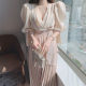 Korean chic elegant cross V-neck irregular lace waist slim puff sleeve pleated long dress women