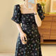 Korean chic summer French simple square collar exposed collarbone waist was thin puff sleeves floral dress long skirt women