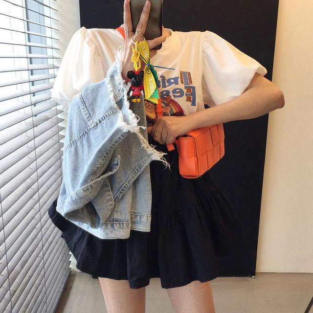 Korean chic summer playful age-reduced round neck cartoon letters lantern sleeve T-shirt + high-waisted drawstring puffy skirt