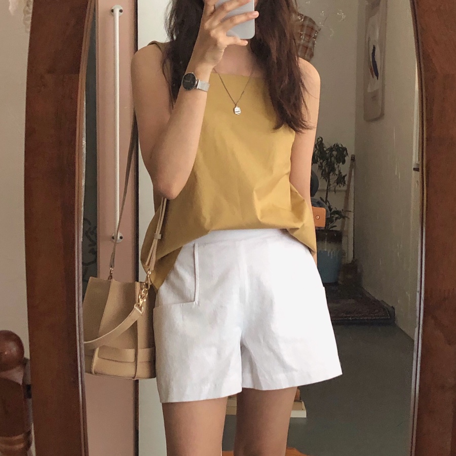 Hàn Quốc đơn giản, đa năng đơn giản phù hợp với cổ áo đơn ngực nhỏ phù hợp với áo khoác nhỏ + cao eo lỏng quần thường xuyên quần short nữ - Bộ đồ áo kiểu nữ đẹp