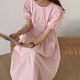 Korean chic summer French gentle round neck pleated high waist slim puff sleeve bellflower dress long skirt female