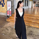 Korean chic spring and summer French high-end deep V-neck lace-up waist slimming slit pleated vest dress long skirt