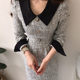 Liangliangjia retro temperament contrasting color lapel pleated lace waist thin and thick long tweed dress women