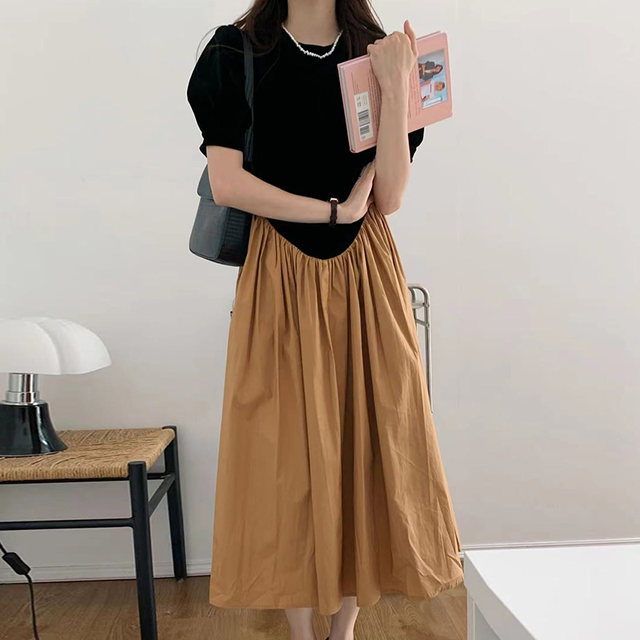 Korean chic elegant retro simple round neck puff sleeves irregular splicing waist contrast color pleated dress female