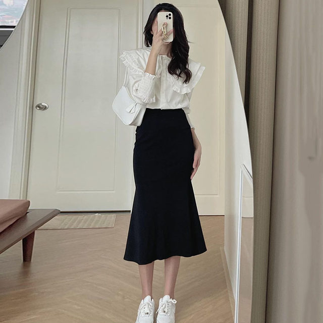 Korean chic spring sweet ruffled doll collar long-sleeved shirt + high waist bag hip fishtail skirt suit