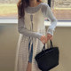 Korean chic spring niche design round neck hollow jacquard strap cardigan see-through lace suspender dress