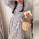 Korean chic spring French style gentle round neck floral dyed lace-up waist slimming long-sleeved floral dress