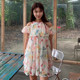 Korean chic summer gentle age-reducing stand-up collar off-shoulder floral print loose casual splicing fungus dress