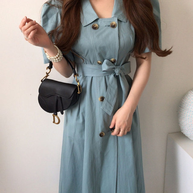 Korean chic summer retro lapel double-breasted button top line design tie waist short-sleeved denim dress female