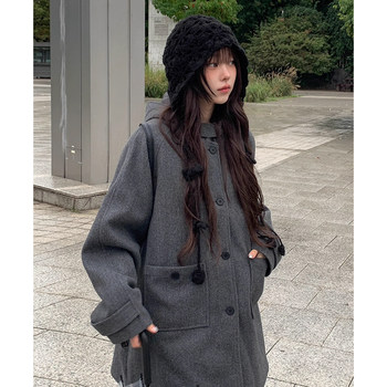 学院风纯色双口袋连帽毛呢外套女2025冬季新款中长款夹棉呢子大衣