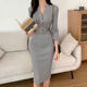 Korean chic autumn elegant and simple round neck slimming long-sleeved knitted hip dress with belt for women