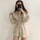 Korean chic niche temperament lapel single-breasted lace-up waist long-sleeved shirt + high waist casual shorts suit