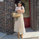 Korean chic summer French elegant round neck heavy industry lace embroidery design loose knee-length long dress female