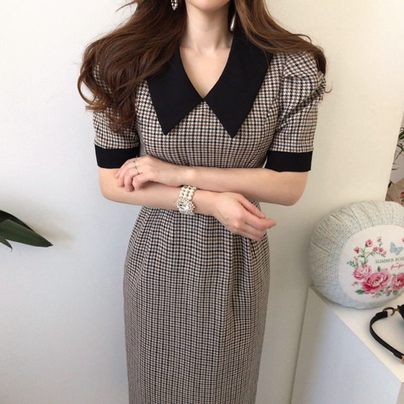 South Korea Chic early spring elegant lapel contrasting colorful town high waist, thin waist, mid -long long split bubble sleeve dress (20509:28316:size:L;1627207:6594326:sort by color:Photo Color)