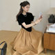 Korean chic elegant retro simple round neck puff sleeves irregular splicing waist contrast color pleated dress female