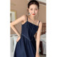 Korean chic summer retro temperament square collar exposed collarbone pleated waist pocket design denim suspender dress