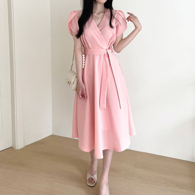 Korean chic temperament elegant cross V-neck one-piece tie waist slimming puff sleeve mid-length dress