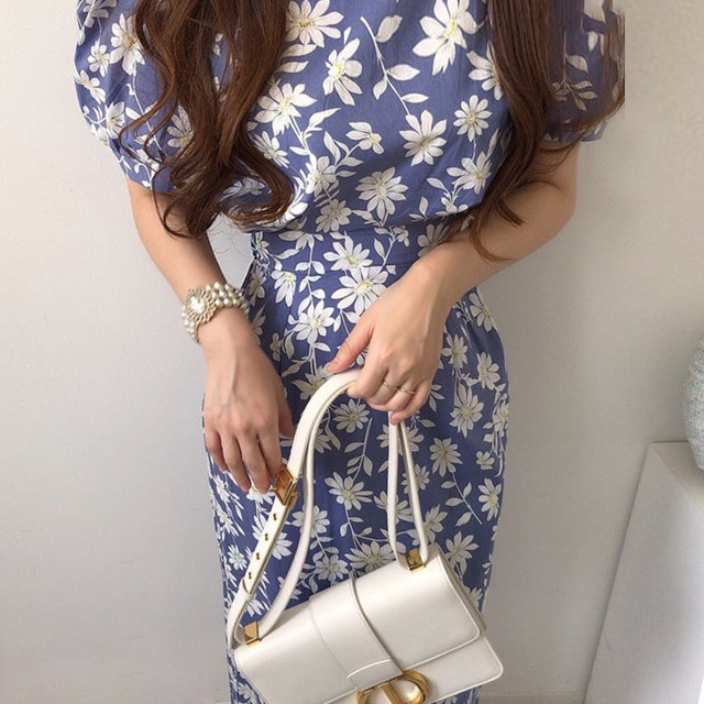 Korean chic summer elegant simple round neck contrast color stitching lace hook flower puff sleeve floral dress female