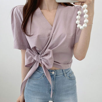 Korean chic French simple temperament V-neck cross-tie bow waist short design puff sleeve shirt women