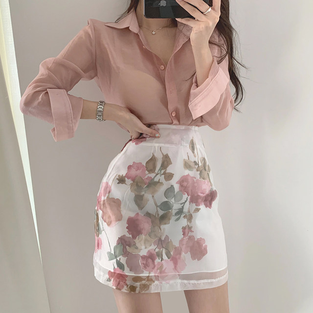 Korean chic elegant pink lapel perspective long-sleeved shirt + high waist A-shaped small floral skirt short skirt women