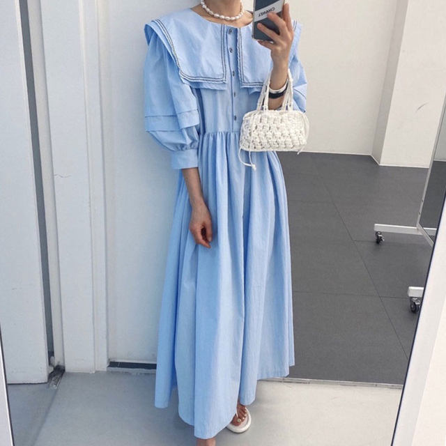 Korean chic summer elegant milk soft blue double-layer navy collar trimmed single-breasted lantern sleeve large swing dress female