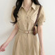 Korean chic summer retro temperament lapel fake pocket single-breasted tie waist slim puff sleeve dress