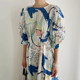 Korean chic summer niche age-reducing round neck graffiti print design pleated waist puff sleeve dress long skirt