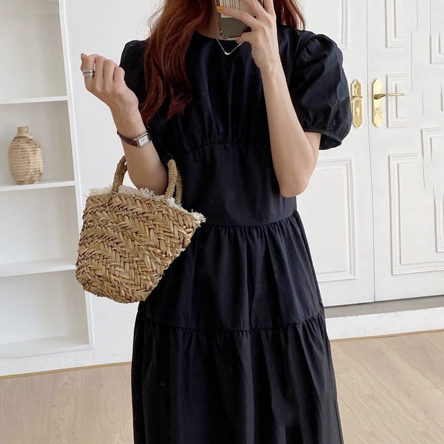 Korean chic summer French gentle round neck pleated high waist slim puff sleeve bellflower dress long skirt female