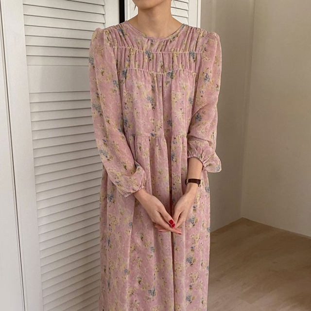 Korean chic autumn French gentle round neck pleated design loose casual long-sleeved floral chiffon dress