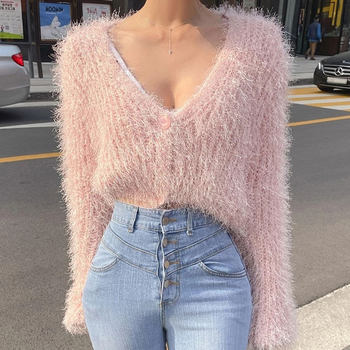 Korean chic autumn and winter lazy style V-neck plush design two-button loose long-sleeved knitted cardigan sweater women