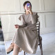 Korean chic autumn French retro round neck ruffled stitching tie waist long sleeves pleated knitted dress