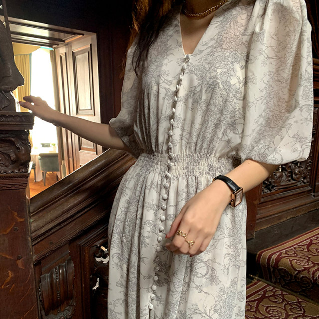 Korean chic retro palace style small floral V-neck single-breasted button slim waist short-sleeved chiffon dress long skirt